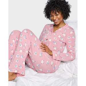 Pijama Modal rosa para mujer con estampado de muñecos de nieve, cintura elástica transpirable y cierre de botones, camisón de invierno de talla grande - Product Image 2