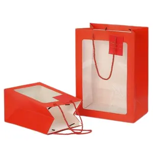 Saco de papel para presente Saco de papel com janela para buquê de flores Saco de papel de poliéster com alça torcida para venda