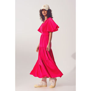 Vestido Maxi Boho con Cuello en V y Detalles Drapeados, Color Fucsia, Transpirable, Cintura Natural, Talla Única XS para Uso Diario y Fiestas, Logotipo Personalizable - Product Image 3