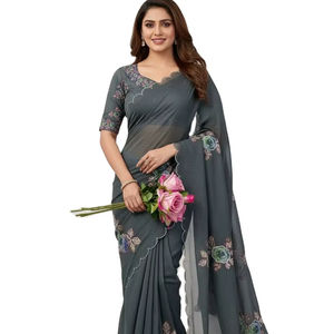 Sari de Seda Pura Ligero con Borde Estampado de Corte Elegante para Uso Diario y Fiestas de Oficina, con Pieza de Blusa, de SIE - Product Image 1