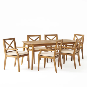 ชุดโต๊ะรับประทานอาหารไม้สักแท้ Elisa พร้อมเบาะรองนั่ง ดีไซน์ทันสมัย สำหรับใช้ภายในหรือภายนอกอาคาร  เฟอร์นิเจอร์ภายนอกแบบธรรมชาติ - Product Image 1