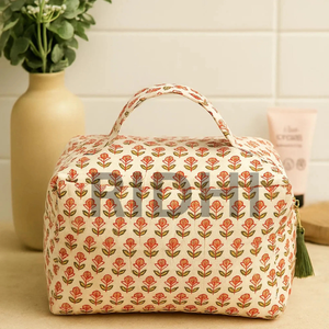 Custom Punch Pink Block Printed Cotton Quilted Travel Toiletry and Makeup <b>Bag</b> Reusable <b>Multipurpose</b> Organizer Pouch for Shopping - Product Image 6