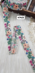 Tela de base de red de organza blanca de 1,5 pulgadas de ancho hecha a medida con bordado floral en siete diseños étnicos para prendas de vestir - Product Image 2