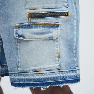 2025 Custom Men's Mid Denim Jorts Street Style Vintage Washed Blue Cargo Shorts Raw Hems Breathable Summer Knee Length Design - Product Image 6