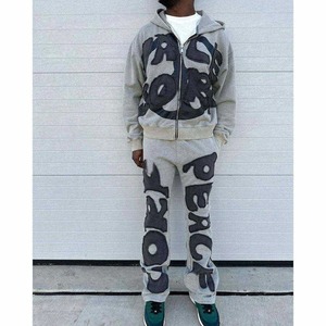 Survêtement unisexe personnalisé délavé à l'acide avec fermeture éclair, grande taille, effet vieilli, patch brodé, streetwear, sweat à capuche évasé brut, hiver - Product Image 1