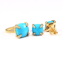Boucles d'oreilles clous tendance en argent sterling plaqué or 14 carats, avec diamants et turquoise, pierre précieuse naturelle Sleeping Beauty, pour soirée