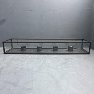 Porte-bougie rectangulaire long à plusieurs niveaux en verre avec cadre en métal foncé, design artisanal fait à la main, support décoratif de haute qualité - Product Image 3