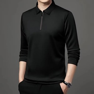 Camiseta de negocios informal para hombre, 100% algodón con cremallera para Polo, cuello vuelto, manga larga, patrón sólido, tela suave, 220 gramos - Product Image 5