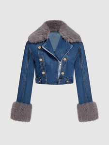 Veste en jean bleue pour femme personnalisable, élégante, à manches longues avec de grandes poches, style varsity et blazer, veste pour femme - Product Image 5