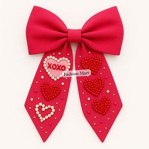 Hot <b>Pink</b> Valentine Hair Bow Handmade Crystal And Pearl Heart <b>Ribbon</b> Bow - Product Image 3