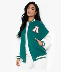 แจ็กเก็ตบอมเบอร์หนังโอเวอร์ไซส์สำหรับผู้หญิง, แจ็คเก็ตหนังทรงเบสบอลปักโลโก้ปกตั้งสไตล์ทีมตัวแทน - Product Image 4