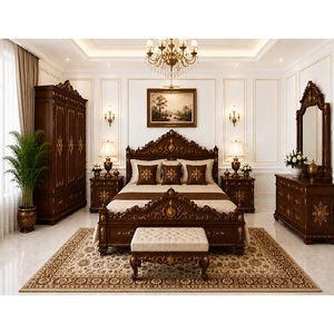 ชุดเฟอร์นิเจอร์ห้องนอนหรูหราสไตล์วินเทจ ทำจากไม้สักแกะสลัก พร้อมเตียงนอนระดับพรีเมียม ตู้เสื้อผ้า และโต๊ะเครื่องแป้ง - Product Image 1
