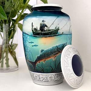 Urna de pesca de latón de Metal grande hecha a mano al por mayor de fábrica directa, urna de cremación decorativa conmemorativa moderna, tema de pesca de cenizas - Product Image 6
