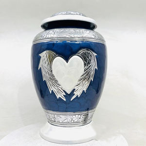 Blue White <b>Angel</b> <b>Wings</b> Aluminium Cremation Urn with Heart Design for Adult Human Ashes Metal Memorial Funeral Keepsake Jar - Product Image 1