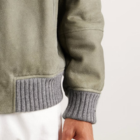 Veste bomber en daim et peau de mouton pour homme, sur mesure, en cuir vert olive, avec col et ourlet en tricot côtelé
