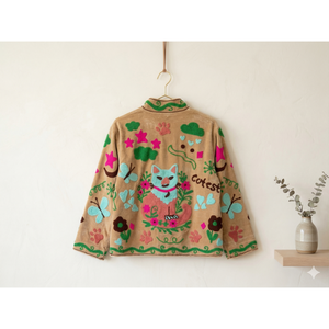 Blouson Bomber Réversible Bestia Suzani Brodé à la Main en Satin de Lin Durable, Cuir et Fourrure Style Bohème pour Printemps Automne - Product Image 6