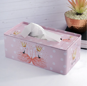 Caja de pañuelos metálica con estampado de cisne rosa para habitaciones infantiles o decoración. Disponible a precios de mayoreo en el final. - Product Image 1