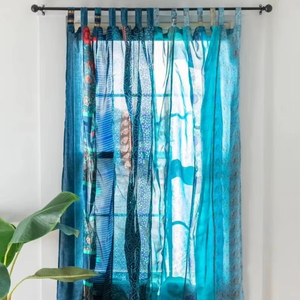 Patchwork Printed Cotton <b>Curtain</b> Indian Vintage Old Silk Sari Handmade <b>Curtains</b> for Room Window and Door <b>Washable</b> Drapes - Product Image 1