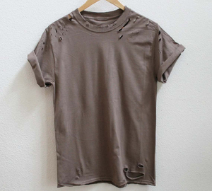 T-shirt Vintage lourd à col rond de haute qualité pour hommes Patch brodé en détresse personnalisé Maillot court décontracté à motif solide - Product Image 4