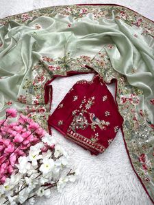 Sari indio de seda pura de Chinon con blusa elegante, ropa tradicional exclusiva para fiesta, boda, Festival, Ropa Étnica, último diseño - Product Image 6