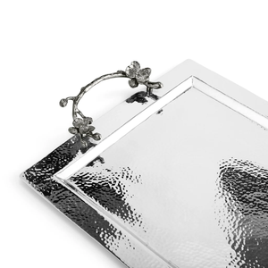 Bandeja DE SERVICIO DE Metal de Orquídea Negra mediana Bandeja plateada elegante con asas florales negras para decoración y entretenimiento del hogar de lujo - Product Image 6