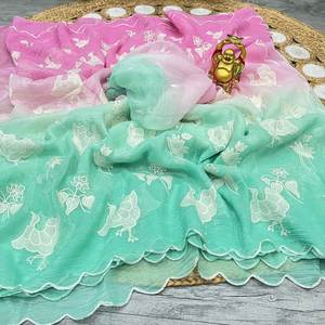 Seda crujiente de doble sombra de diseñador indio con hermoso trabajo de bordado para ropa de boda y ropa de fiesta Saree - Product Image 1