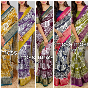 ผ้าส่าหรีพิมพ์ลายกาลามาคาริหลากสีพร้อมพาลูซาริที่ทอขอบจอร์เจียสำหรับงานรื่นเริง - Product Image 6