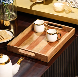 Plateau de service en bois de mangue et de sheesham artisanal en vrac avec des poignées robustes pour le thé, les collations, la cuisine, design personnalisable en gros - Product Image 1