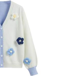 Manufacturer Custom Women Light Blue & Knit <b>Cardigan</b> Sweater <b>With</b> Multicolor Flower Applique V Neck Button Front Cute Winter Top - Product Image 2