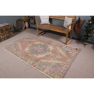 Turkish Rug, Area 4.2x6.8 ft Vintage Rug, <b>Red</b> Floral <b>Wool</b> Rug - Product Image 1