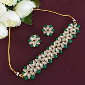 Indian Jewelry Crystal Faux Pearl Gargantilla nupcial Collar Stud Pendientes Conjunto de joyas para mujeres, Verde - Product Image 2