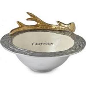 Top Selling <b>Silver</b> Color Finishing Shiny Polished Unique Texture Metal Table Centerpiece <b>Bowl</b> With Gold Plated Antler Design - Product Image 1