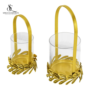 Set of 2 Elegant Leaf-Design <b>Candle</b> <b>Holder</b> <b>Lanterns</b> with Gold Metal T-Light Base and Glass Top for Christmas Home Decor Accents - Product Image 3