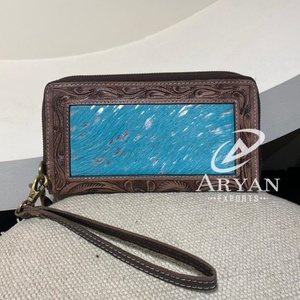 Cartera de cuero con cremallera occidental con pelo en cuero genuino metálico, tarjetero para mujer, Cartera de mano, bolso de mano Floral para mujer - Product Image 1