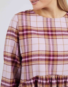 Robe d'été décontractée à carreaux, col rond, manches longues avec poignets élastiques, taille cintrée, longueur genou, 100% coton jersey, coupe trapèze - Product Image 3