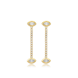 Boucles d'oreilles longues à clous motif œil, chaîne tennis, pierre zircon, fabrication artisanale turque, plaqué or, argent sterling 925, bijoux d'anniversaire - Product Image 1