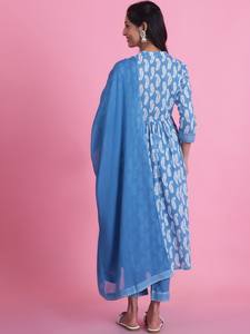 Mujeres motivos étnicos estampado mandarín cuello puro algodón A-Line Kurta con Palazzos y Dupatta indio Pakistán Salwar kameez - Product Image 5