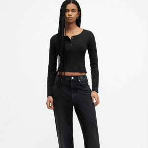 Women's <b>Black</b> <b>Cropped</b> Long <b>Sleeve</b> Knitted <b>Top</b> Scoop Neck Button Detail Slim Fit Casual Style All Seasons - Product Image 2