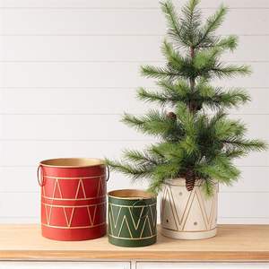 Rustic metal Christmas bucket perfect for porch decoration filled with branches pinecones and <b>red</b> decorative <b>ribbons</b> - Product Image 2