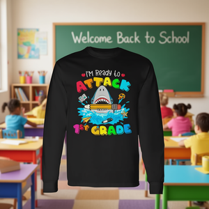 T-shirt à manches longues Requin de 1ère année Prêt à attaquer Rentrée scolaire Motif animal marin Vêtements promotionnels - Product Image 3