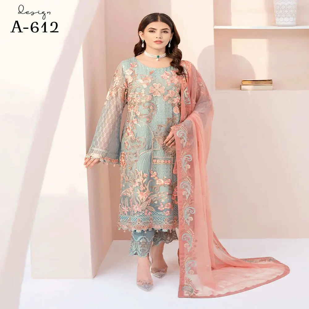 Abiti di lusso di designer Pakistani collezione Chiffon abiti 3 pezzi di Ramsha Volume CHEVRON-06 abbigliamento indiano e pakistano