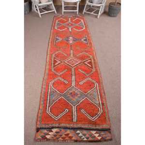 Turkish Rug, 3.2x12.4 ft Vintage Rug, <b>Red</b> Blue Bordered <b>Wool</b> Rug - Product Image 1