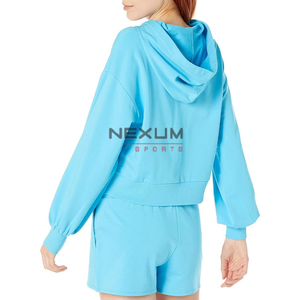 Top corto de moda informal para mujer de Color sólido, sudaderas con capucha, logotipo bordado personalizado, Jersey informal para mujer, sudadera recortada de manga larga con capucha - Product Image 4