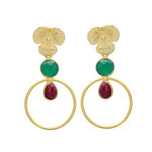 Pendiente de gota circular de rubí hidro y ónix verde con cabeza de flor, pendiente de piedras preciosas, pendiente hecho a mano, pendiente de último diseño - Product Image 1