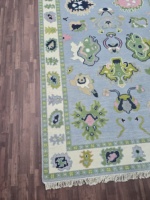 Tapis de couloir en laine Oushak de style antique 2x8 pi, motif abstrait bleu, rose et vert, noué à la main, écologique, antidérapant, taille personnalisée pour la maison