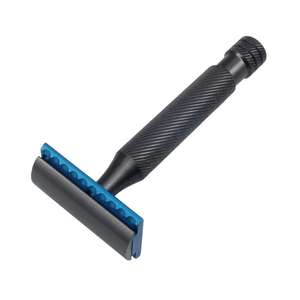 Maquinilla de afeitar profesional para hombre, maquinilla de afeitar de seguridad reutilizable de acero inoxidable, afilada, resistente, hoja de latón negro y azul para uso diario - Product Image 1
