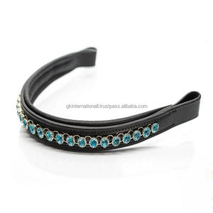 Banda para la frente de cuero curtido vegetal inglés acabado de alta calidad cristales turquesas canal vacío decorativo banda para la frente del caballo - Product Image 2