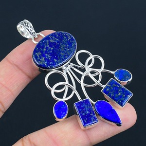 Pendentif cabochon fleur en argent sterling 925 plaqué Lapis Lazuli naturel de créateur Fabrique de bijoux en gros pour femmes - Product Image 1