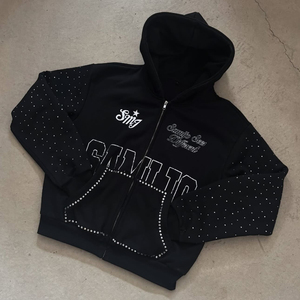 เสื้อฮู้ดมีซิปผ้าเทอร์รี่ไรน์สโตนสำหรับผู้ชายซิปรูดสกรีนได้ - Product Image 6