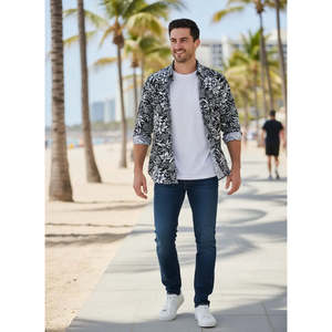 Chemise habillée élégante à manches longues pour homme, coupe ajustée, en popeline de soie mélangée, col boutonné, XL - Édition limitée, surchemise de plage - Product Image 1